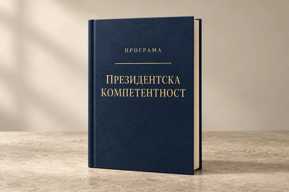 Книга „Президентска компетентност“ — програма, с тъмносиня корица и златист надпис